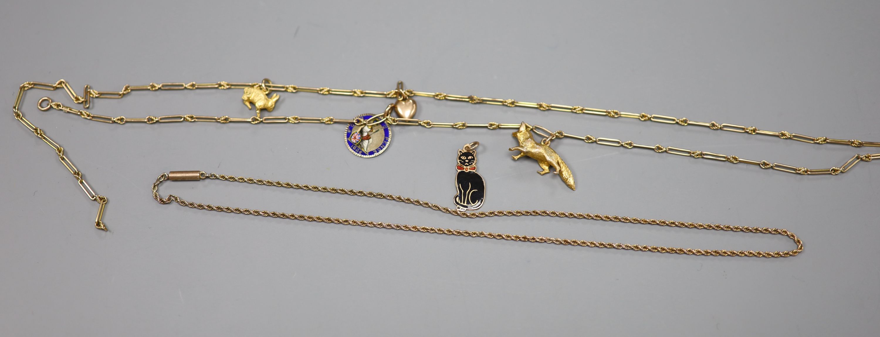 2 x 9ct necklaces, one hung with five assorted charms, gross 19.6 grams.